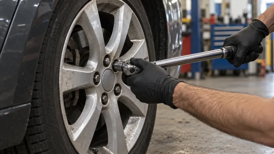 Close-up of gloved hands tightening an alloy wheel bolt with a torque wrench